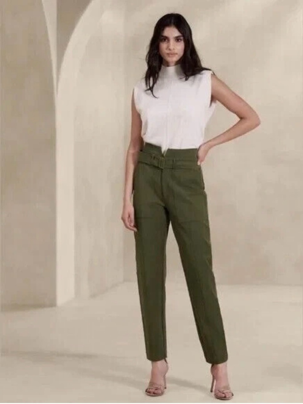 Banana Republic Olive Green Straight-Leg Belted Pants - Picture 3 of 8